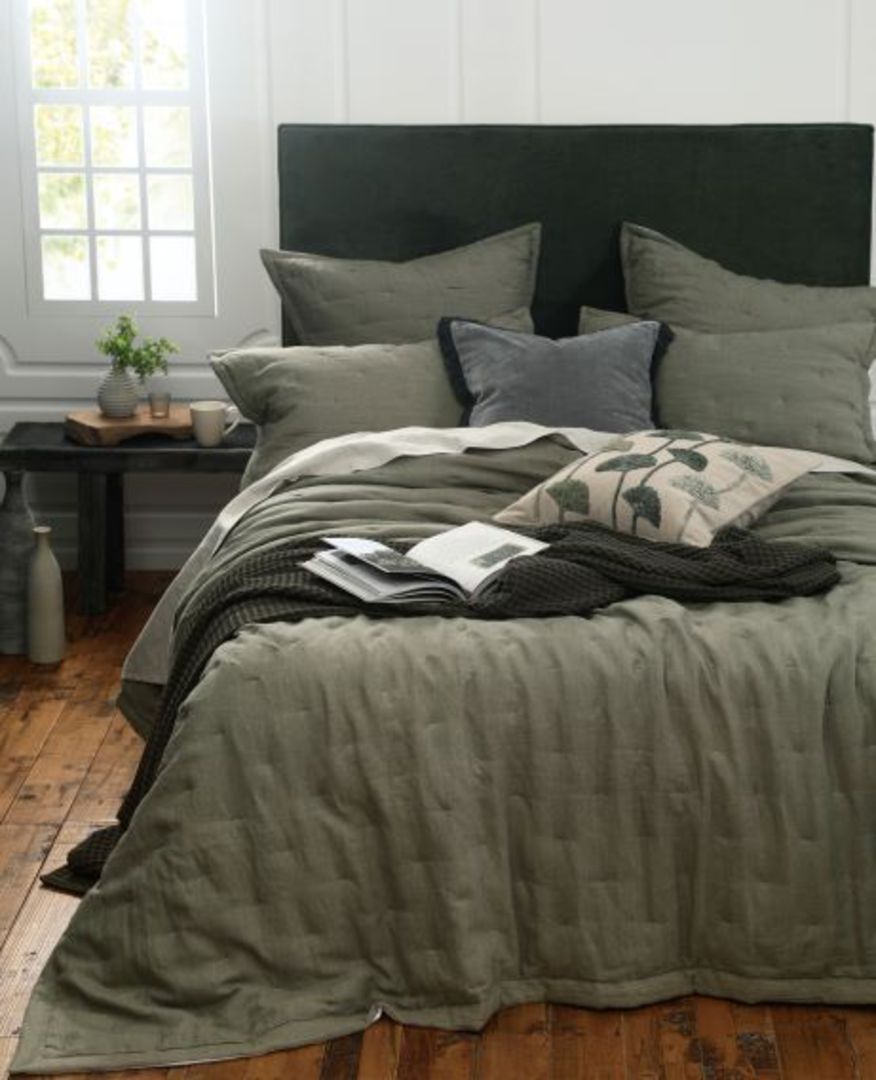 MM Linen - Laundered Linen Bedspread Set  - Quilted Euros and Tassel Pillowcases - Olive image 4